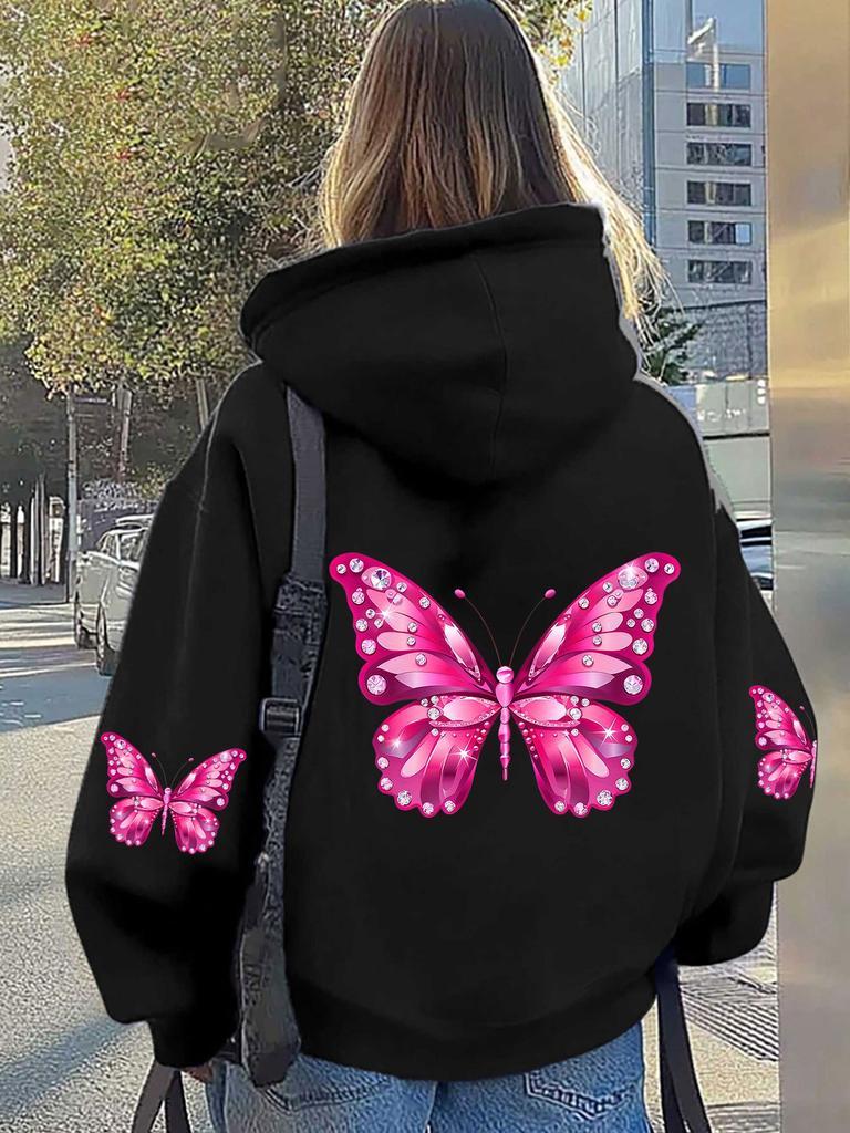 Women Butterfly Print Hoodie Unisex Autumn Winter Hooded Everyday Outdoors Hoodie for Any Occasion