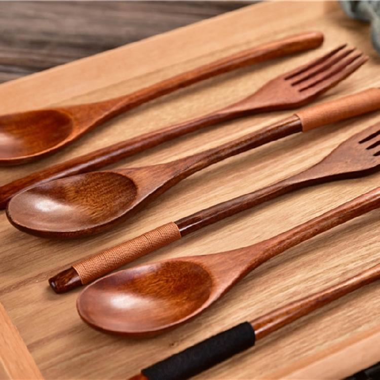 Simple Wooden Spoon Fork Set Long Handle Design For Deep Container Natural Finish Kitchenwares Durable Cooking Utensils