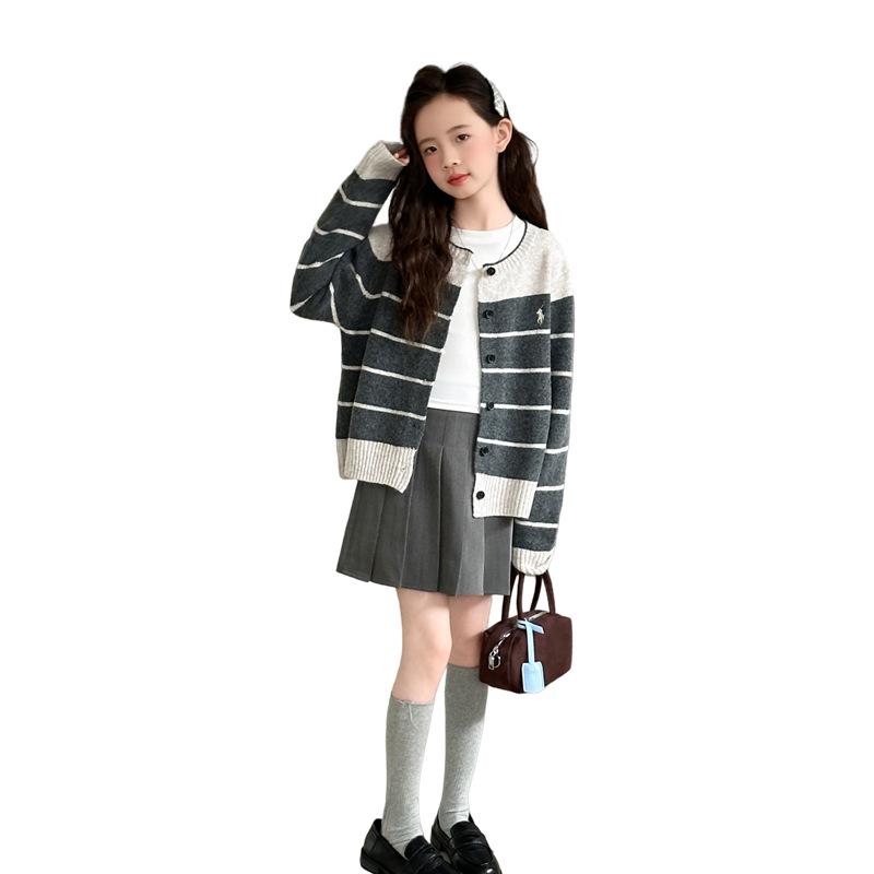 2025 Girls' Striped Knit Cardigan Sweater - Trendy Spring & Autumn Fashion for Big Children