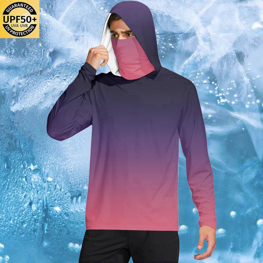 Men’s Casual Gradient Print Hooded Long Sleeve Sun Top Lightweight Pullover Loose Fit Outdoor Shirt