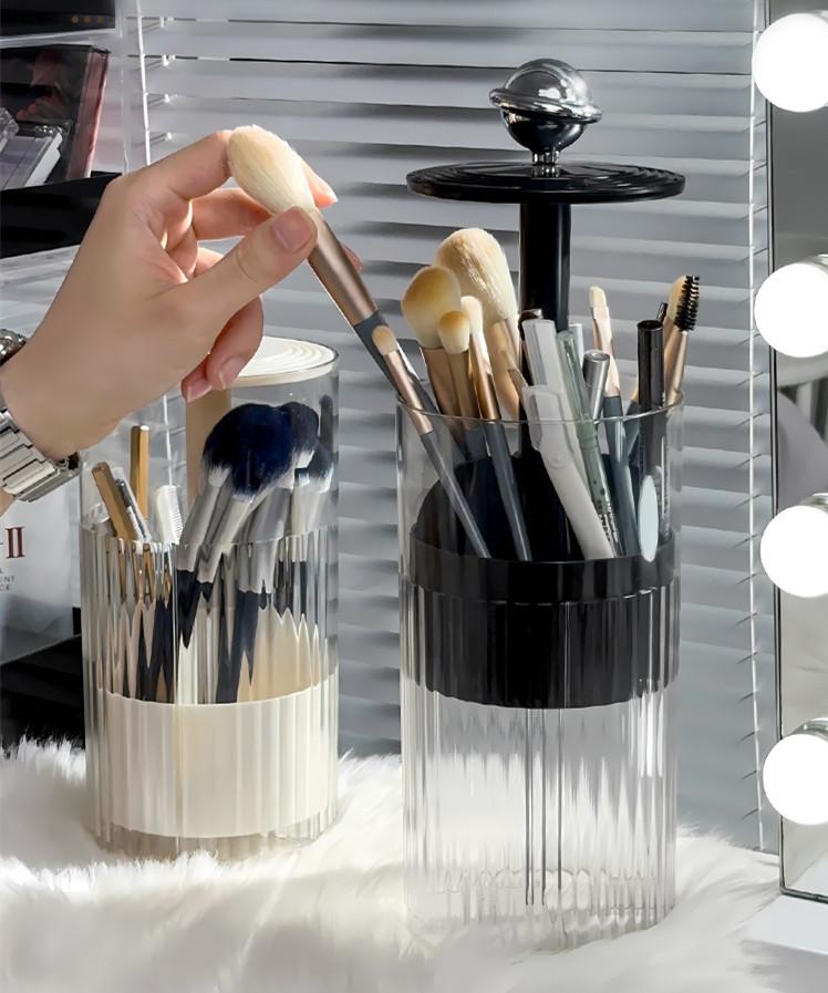 Transparent Makeup Brush Holder with Lid Automatic Lifting Dustproof Makeup Brushes Organizer for Vanity Cosmetics Storage Box
