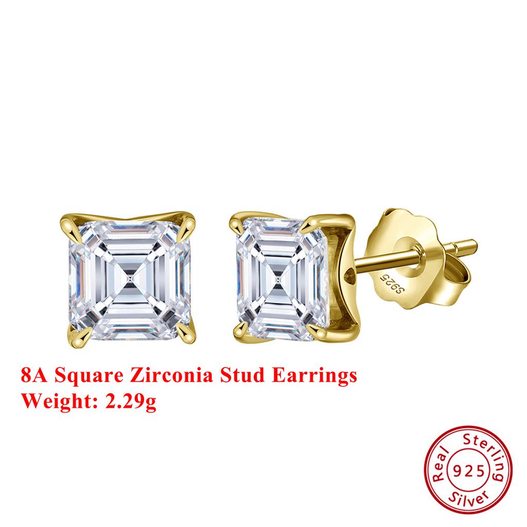 Effie Queen Genuine 925 Silver 14k Gold Square Cut Zirconia Stud Earrings 1/2/3/4CT Simple Jewelry for Women Men Fine Gift LZE19