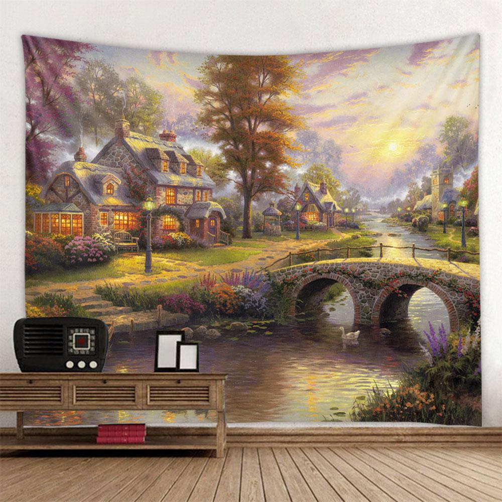 Landscape oil painting tapestry wall hanging forest yoga bed sheet blanket bedroom living room home decoration background poster