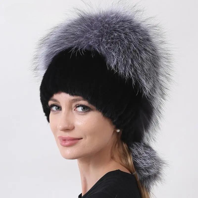 Women's Russian Winter Hat Genuine Fox & Mink Fur Knitted Beanie with Fleece Balls, Warm Trapper Cap for Cold Weather