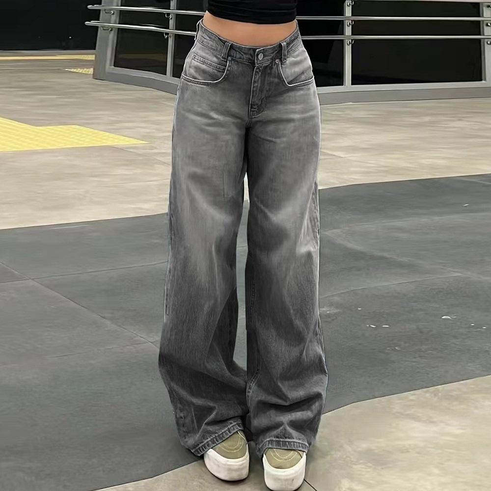 Retro Washed Denim Jeans for Women Wide Leg Streetwear Baggy Jeans Ladies Casual Long Pants