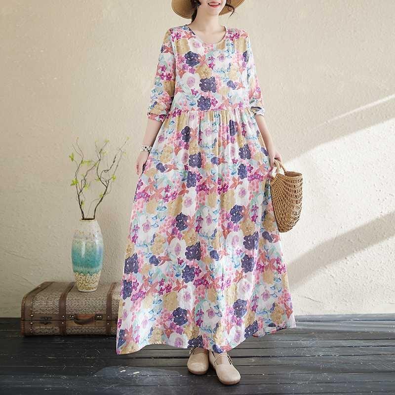 Literary Aging New Floral Vacation Style Travel Round Neck Long Sleeve Dresses