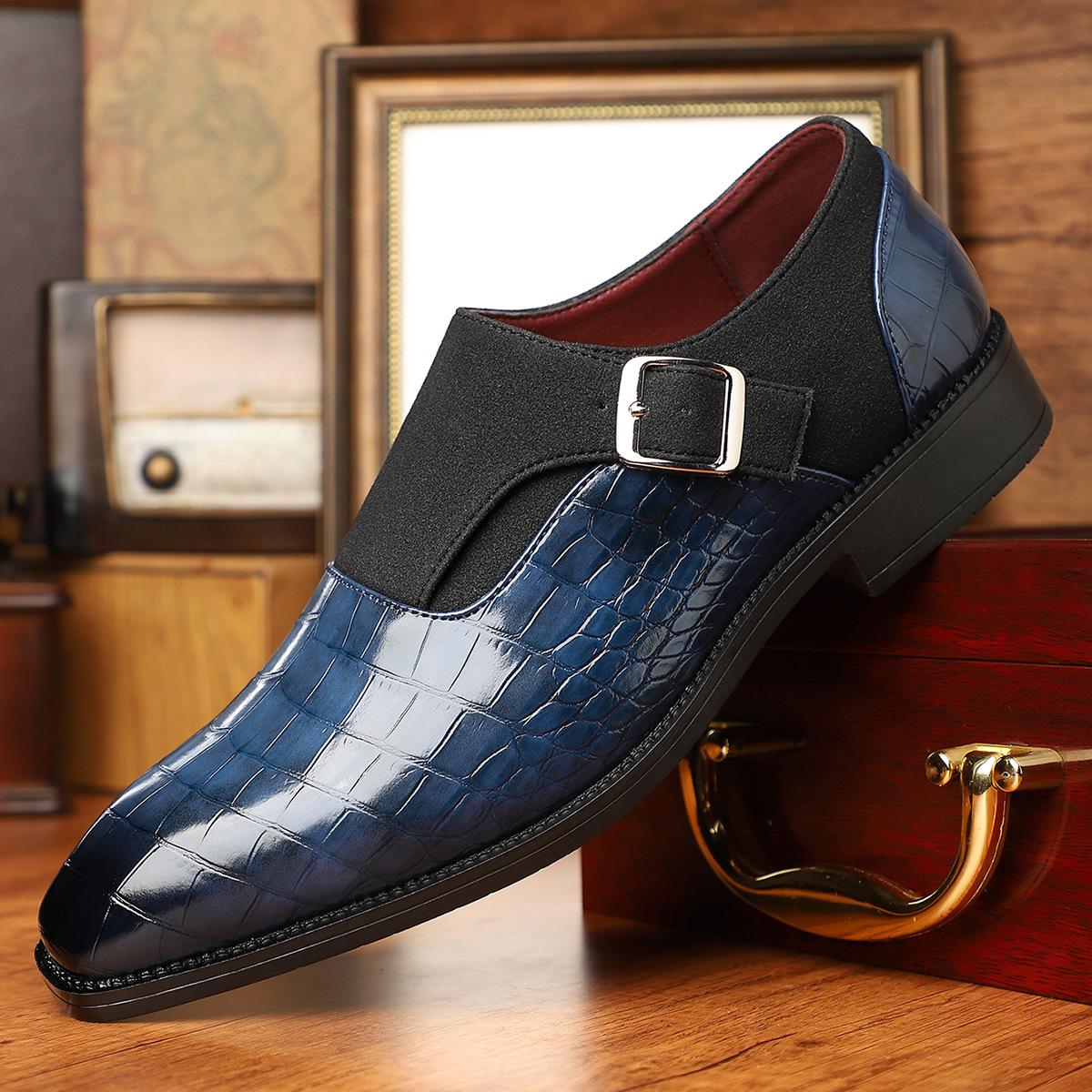 

New British style men s crocodile pattern leather shoes buckle low heel business casual leather shoes daily light luxury versatile leather shoes 48 синій