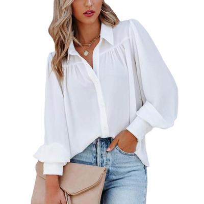 2024 Women Loose Button Down Shirt Solid Color with Pleated Lantern Sleeves