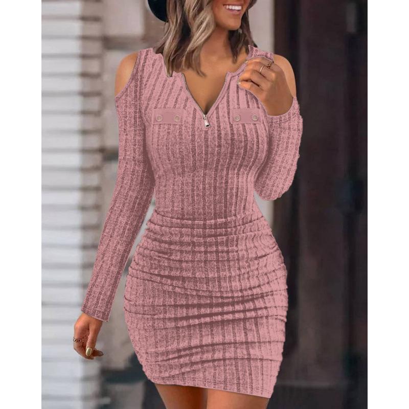 Autumn And Winter Solid Color Zipper V-Neck Tight-Fitting Hip-Wrapped Slim-Fitting Sexy Long-Sleeved Dress For Women