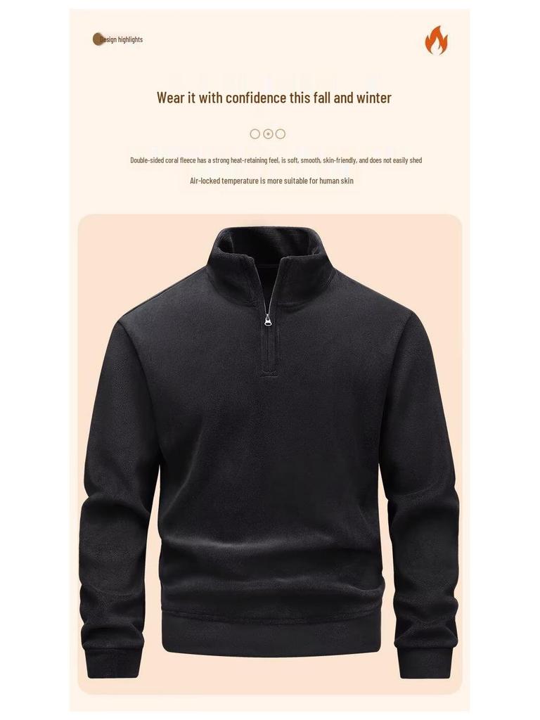 Men's Double-Sided Fleece Hoodie, Autumn Winter Warm Long Sleeve T-Shirt, Half Zip, Stand Collar, Loose Fit.