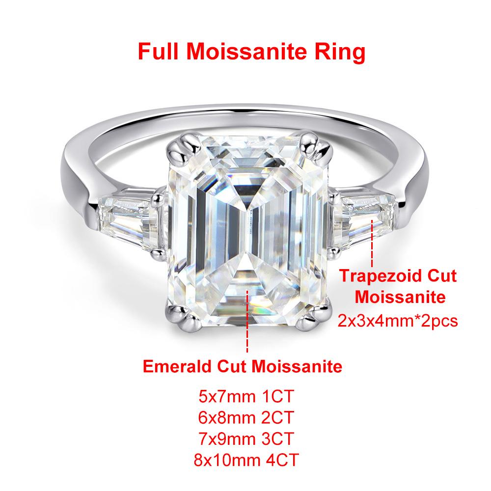 

1-4 Carat Emerald Cut Moissanite Rings for Women D VVS1 Three Stone Diamond Engagement Ring Side Baguettes 925 Silver Jewelry 5&1CT