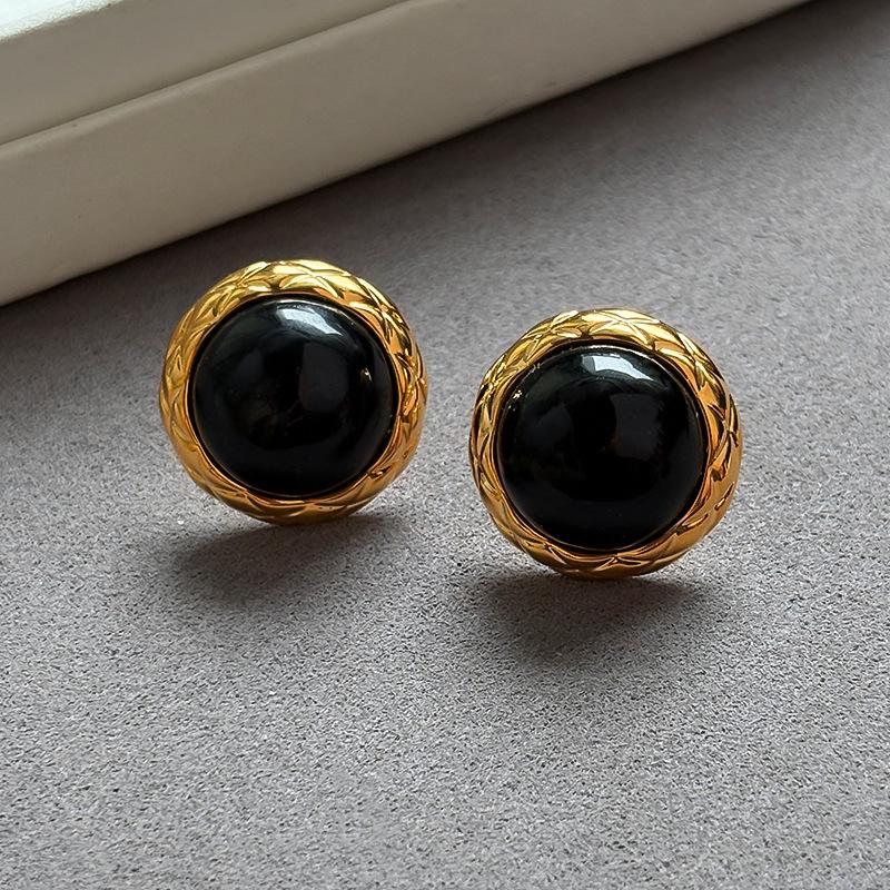 S silver needle black agate geometric earrings retro small simple stud earrings women's real gold electroplated ear jewelry
