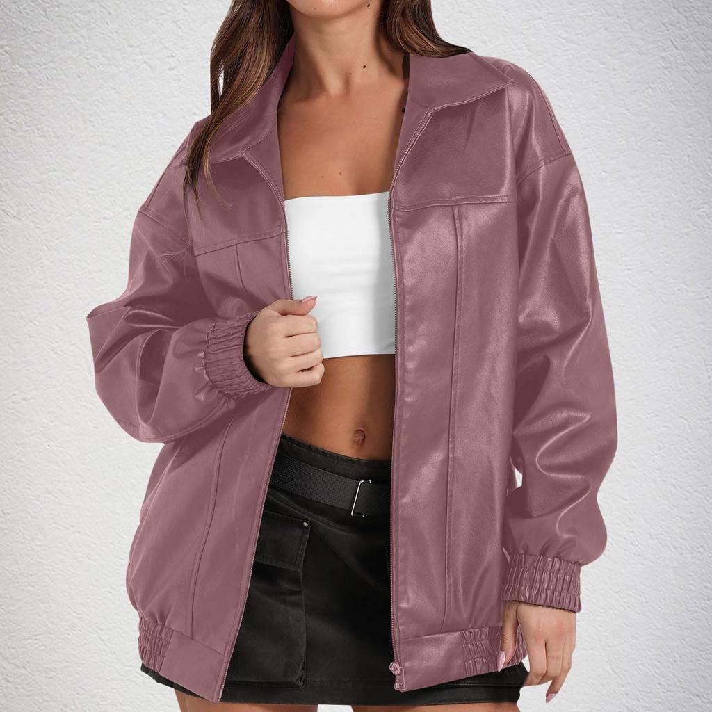 Women's Fashion Leather Jacket, Long-Sleeved, Lapel, Zipper, Side Pockets, Casual Windbreaker Coat
