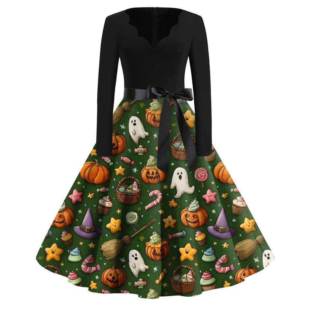 Women's Casual Fashion Halloween Printed V-Neck Vintage Dress
