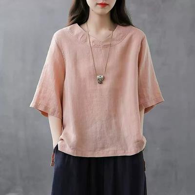 Large Size Simple Cotton and Linen Five-point Sleeve T-shirt Women's Summer Loose and Thin Irregular Split Top