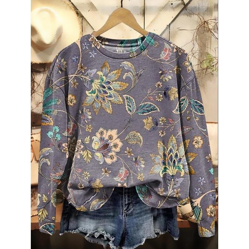 Ladies' Floral Print Round Neck Long Sleeved T-shirt Fashionable Casual Top Christmas Outfit Pullover Clothing