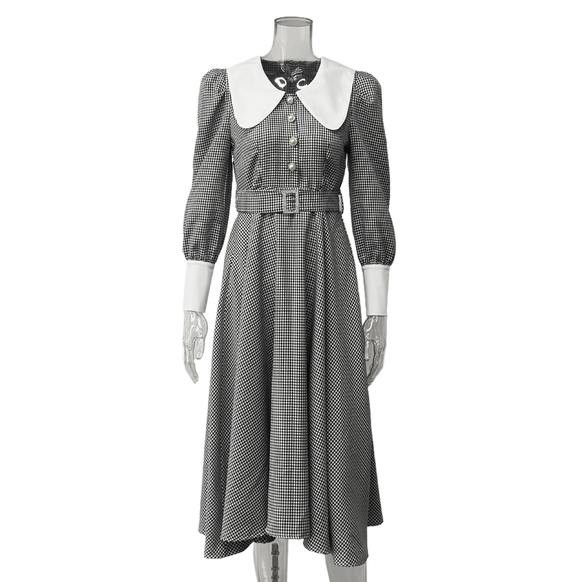 Vintage French temperament lapel lace plaid chic single-breasted waist bubble sleeve dress with belt S