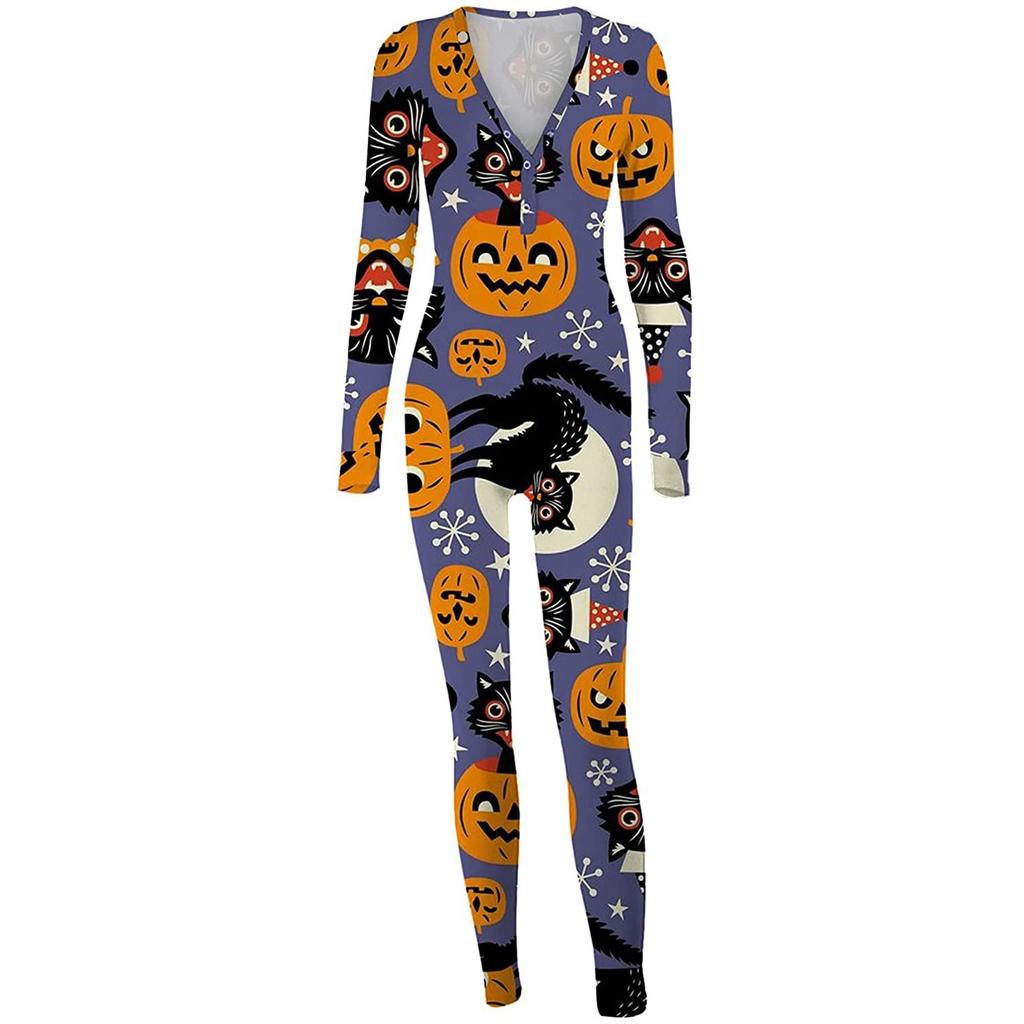 Women's Button-Down Halloween Print Functional Buttoned Flap Adults Jumpsuit