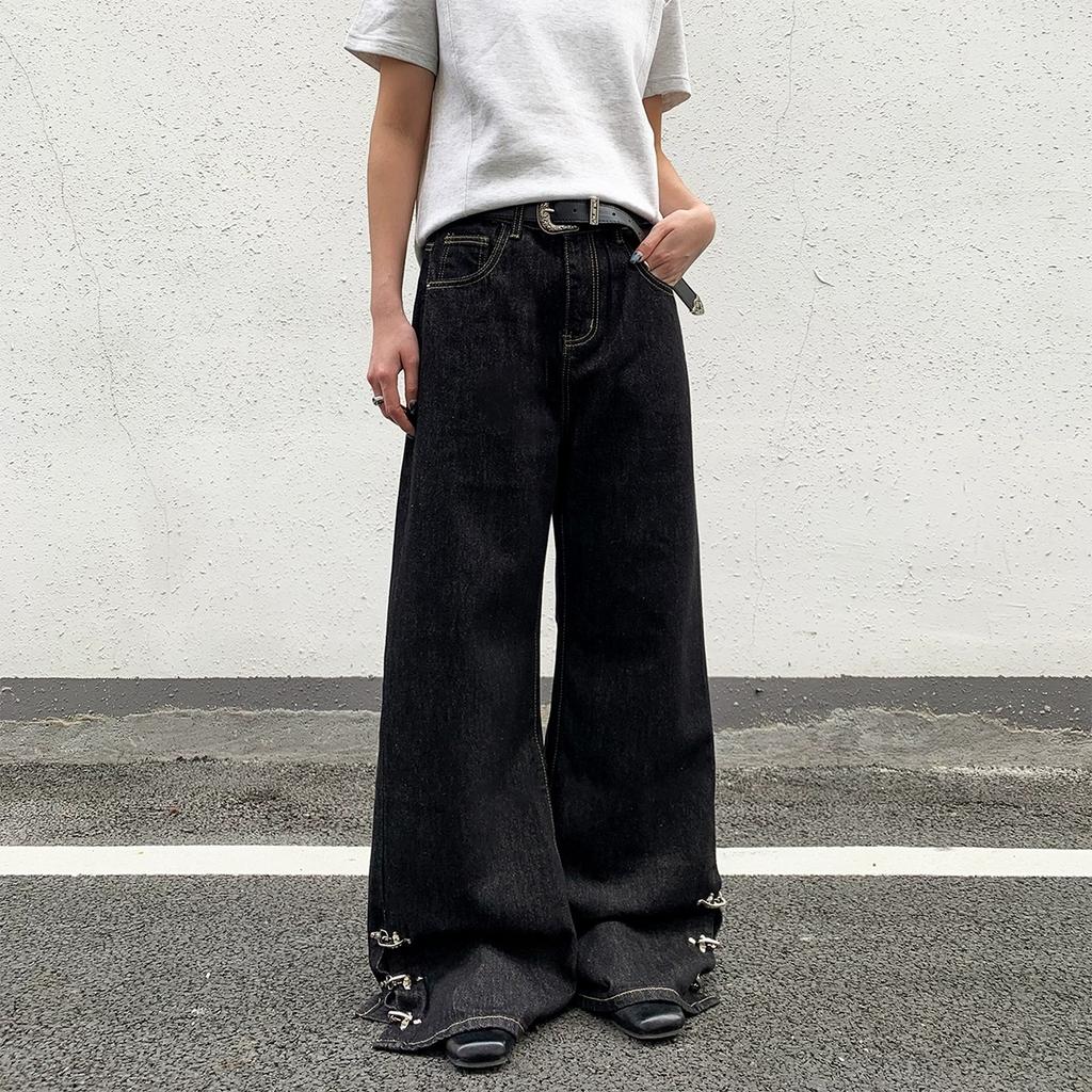 Niche design sense of aircraft buckle original cow straight jeans men's and women's American mopping loose wide-leg micro-flared pants