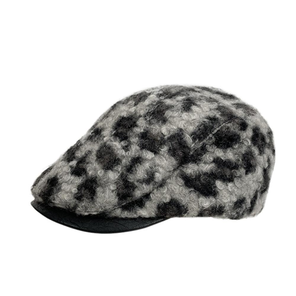 Pu Leather Brim Lamb Wool Berets Hat Keep Warm Women Newsboy Caps Retro Leopard Print Berets  Girl
