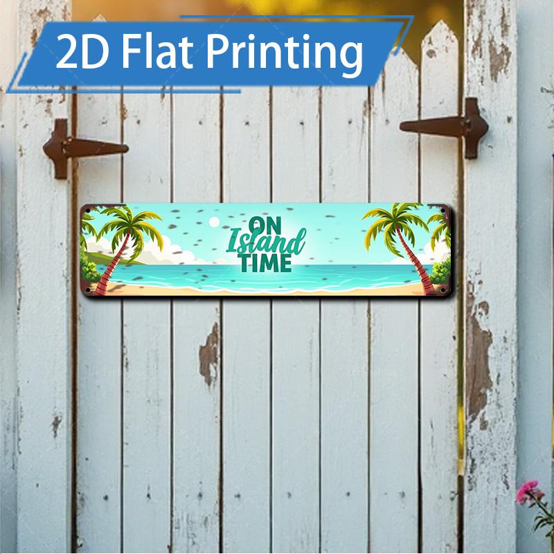15.7×3.94inch "On Island Time" Tropical Aluminum Decorative Sign, 2D Flat Print, Beach Palm Tree Decor, Coastal Wall Art for Home or Cabin, Rustic