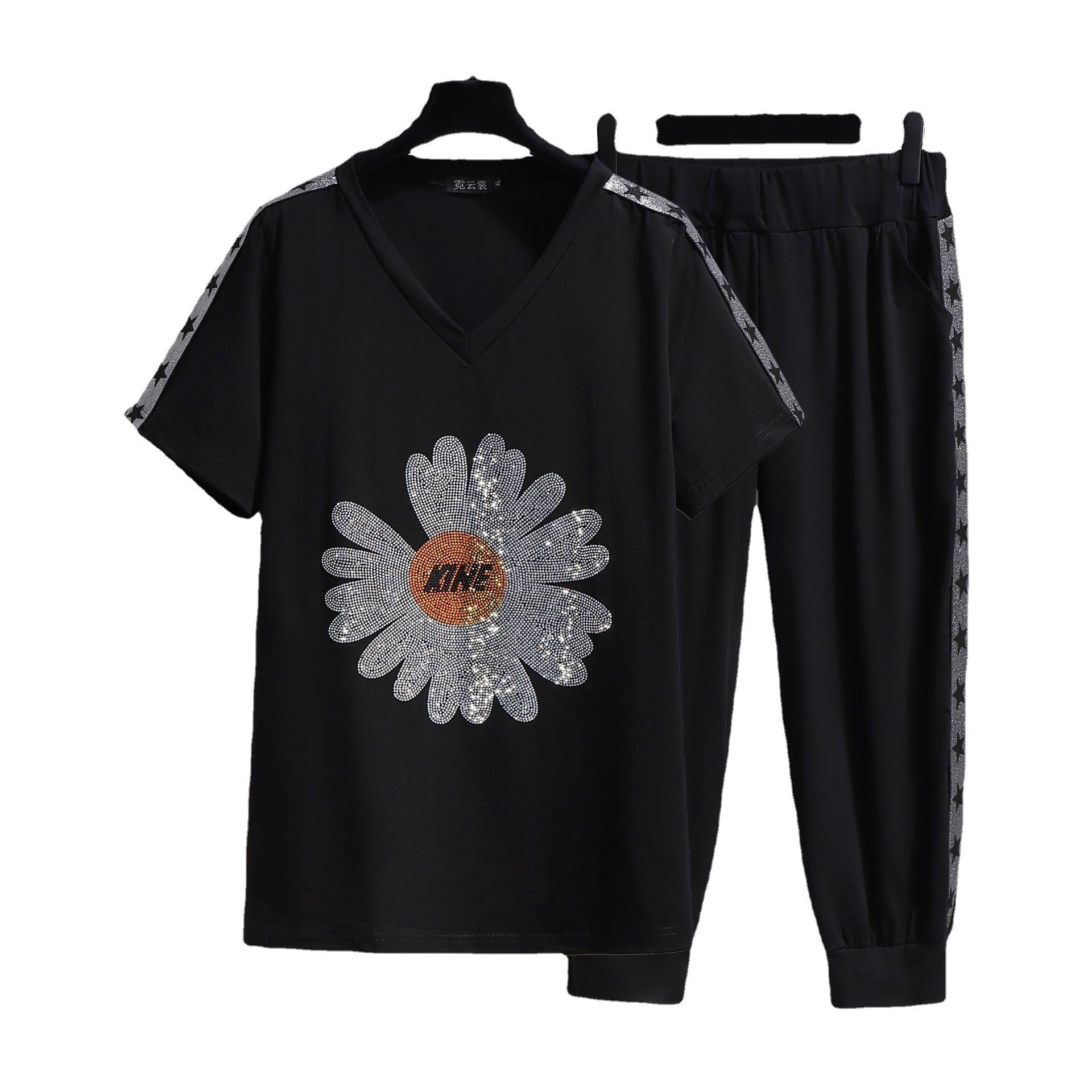 

Летняя женская футболка с короткими рукавами и бриллиантами больших размеров, укороченные брюки Harlan, свободный костюм с короткими рукавами больших размеров 2XL