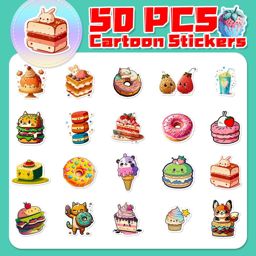 50 Cat Donut Food Stickers Children's Graffiti Toys Burgers Food Dessert Stickers Outside