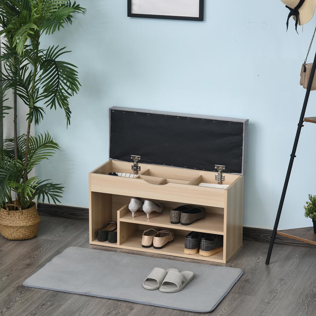 Shoe Cabinet Shoe Bench 2-Level Storage, Niche + Built-in Chest with Cushion Beige Grey