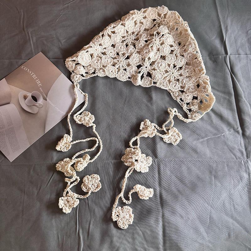 Japanese Vintage Floral Knit Hat Handcrafted Breathable Sun Protection For Fall Season бежевый