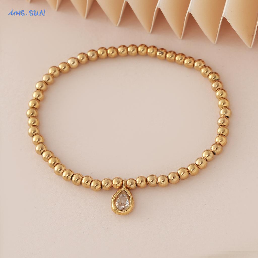 MHS.SUN Stainless Steel Gold Plated 12 Months Birthstone Beaded Bracelets For Women Men Zircon Water Droplet Charm Trend Jewelry