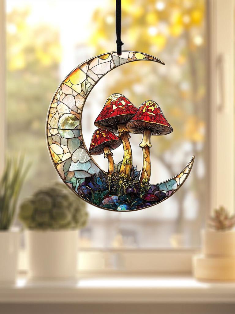 Acrylic Crescent Moon & Mushroom Suncatcher, Window Hanging Ornament, Wall Art Decor Pendant for Home Garden, Nature Lovers Gift