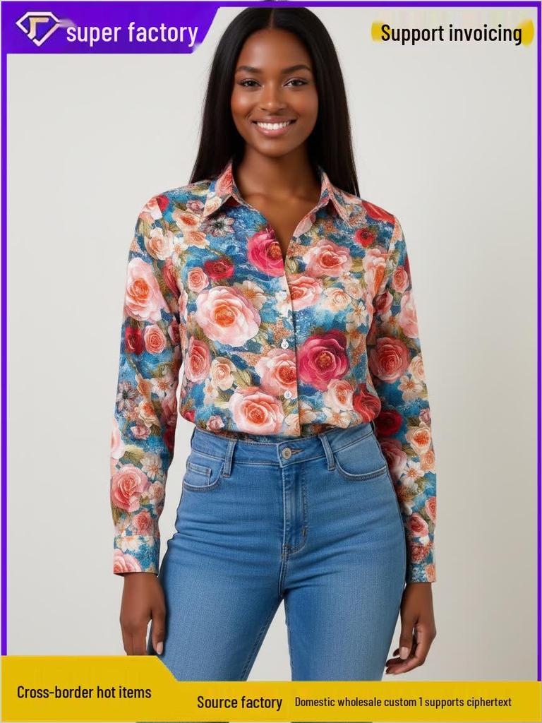 2026 Retro Floral 90s Hong Kong Style Women's Red Long Sleeve Shirt