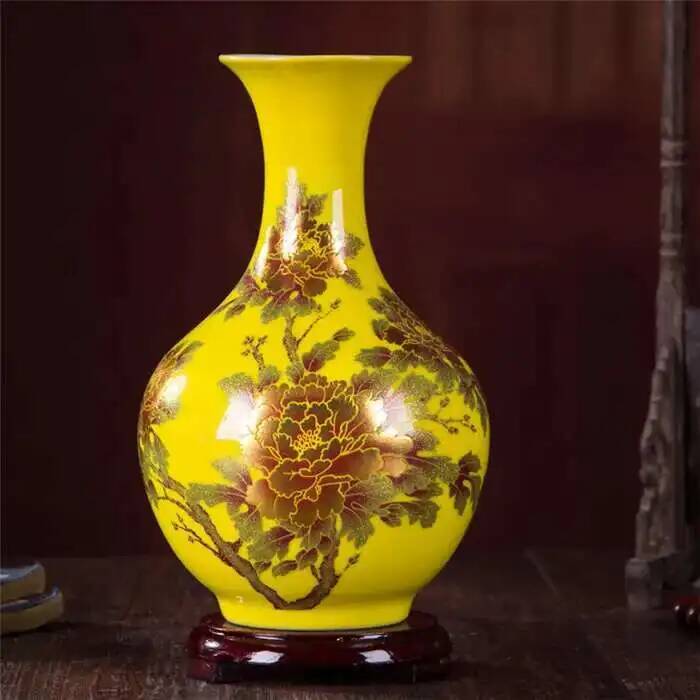 Neue chinesische Stilvase Jingdezhen Gelbe Kristallglasur Blumenvase Heimdekoration Handgefertigt Glänzend Famille Rose Vasen