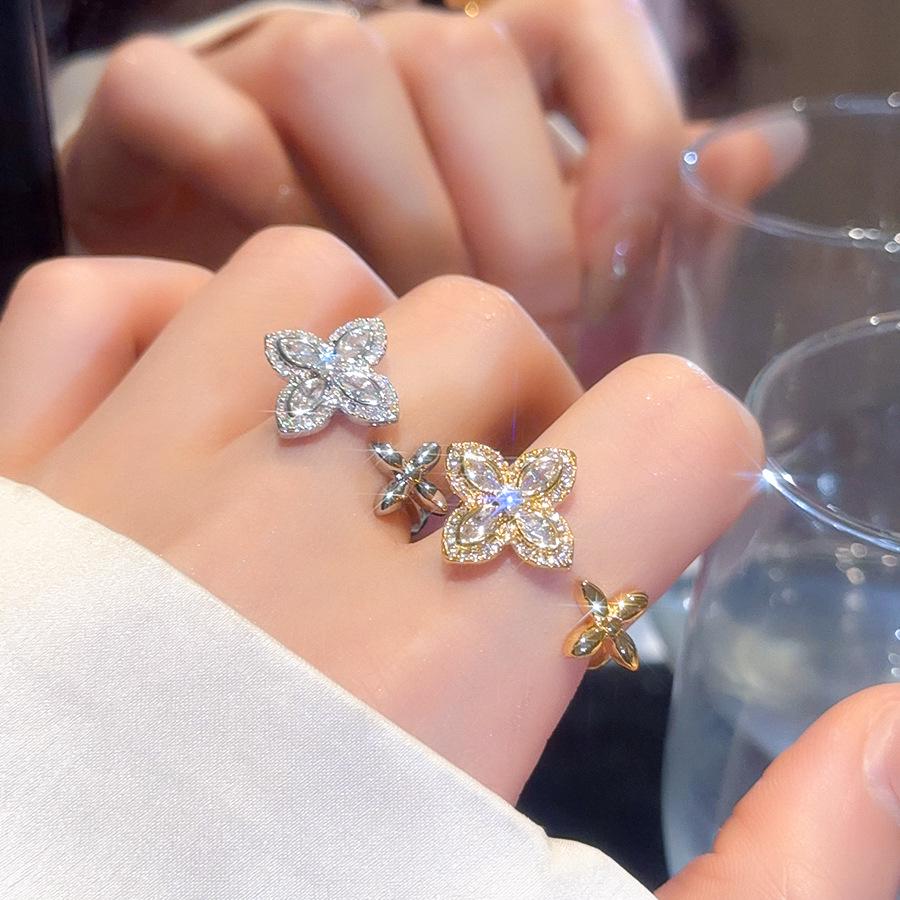 Elegant Zirconia Flower Open Ring - French Style, High-End Luxury Jewelry for Women