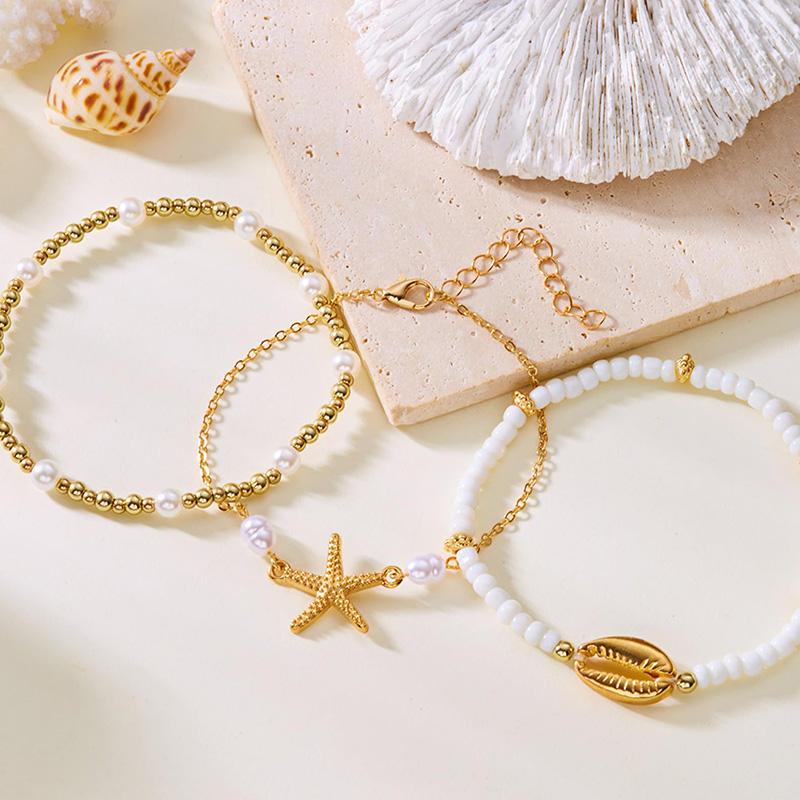 3Pcs Beach Beaded Anklet Set for Women Summer Gold Color Starfish Shell Charms Anklet Vacation Bohemian Zircon Gifts