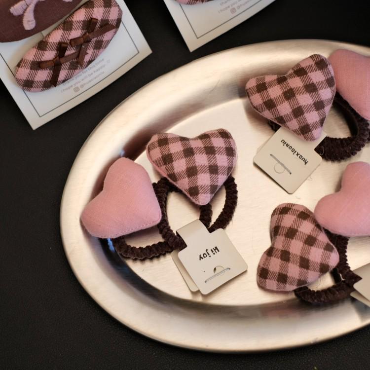 Pink Heart Hair Tie & Bangs Clip - Cute, No-Damage, Plaid Bow Hair Accessories for Girls