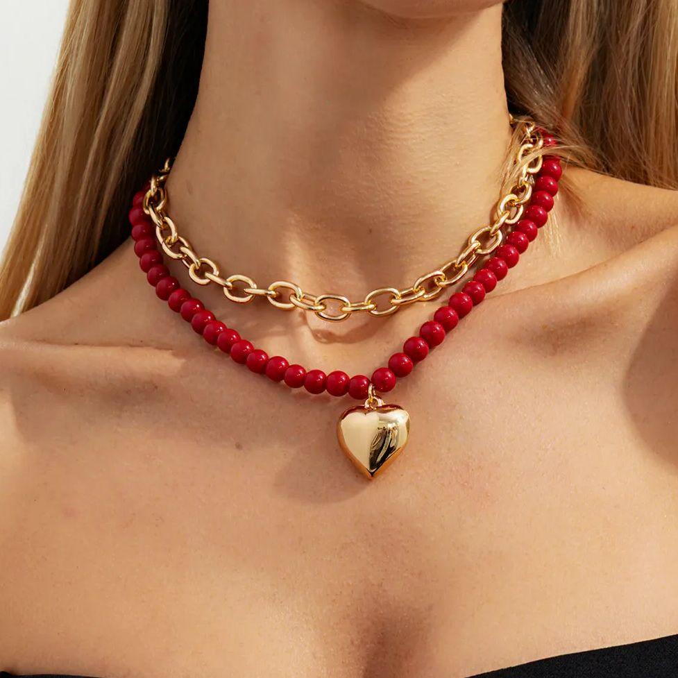 Salircon 2Pcs/set Punk Metal Love Heart Pendant Necklace for Women Trendy Red Acrylic Beaded Clavicle Chain Daily Jewelry Gift