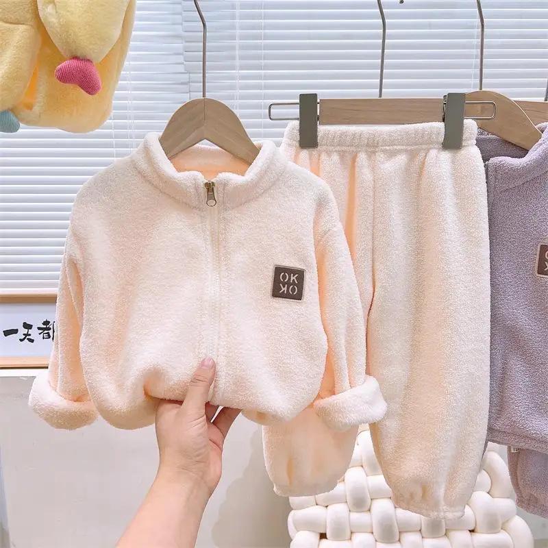 2pcs Kids Clothes Warm Fleece Thick Baby Clothes Girl Boy Loungewear Hooded Sweatshirt+Pants School Uniform Outfit