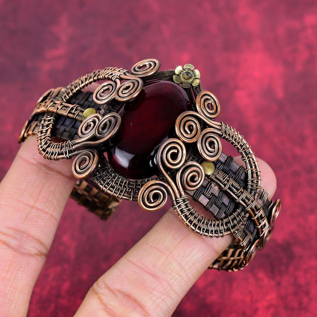 Red fire labradorite bangle gemstone cuff bracelet copper wire wrapped bangle adjustable bangle handmade copper wire jewelry engagement gift
