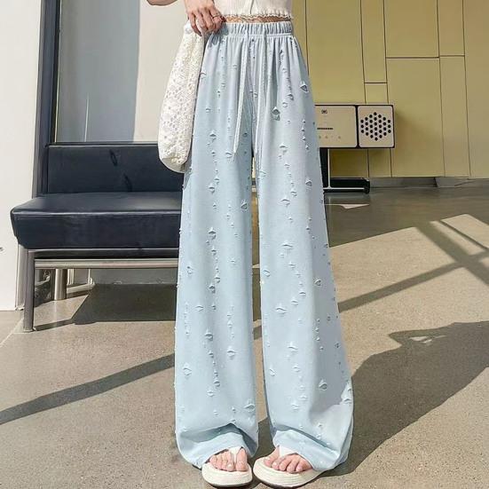 Damenhosen Elastisch Hohe Taille Verstellbarer Kordelzug Einfarbige Weiter Bein Lässige Hosen Durchlöchertes Design Lockere Passform Lang