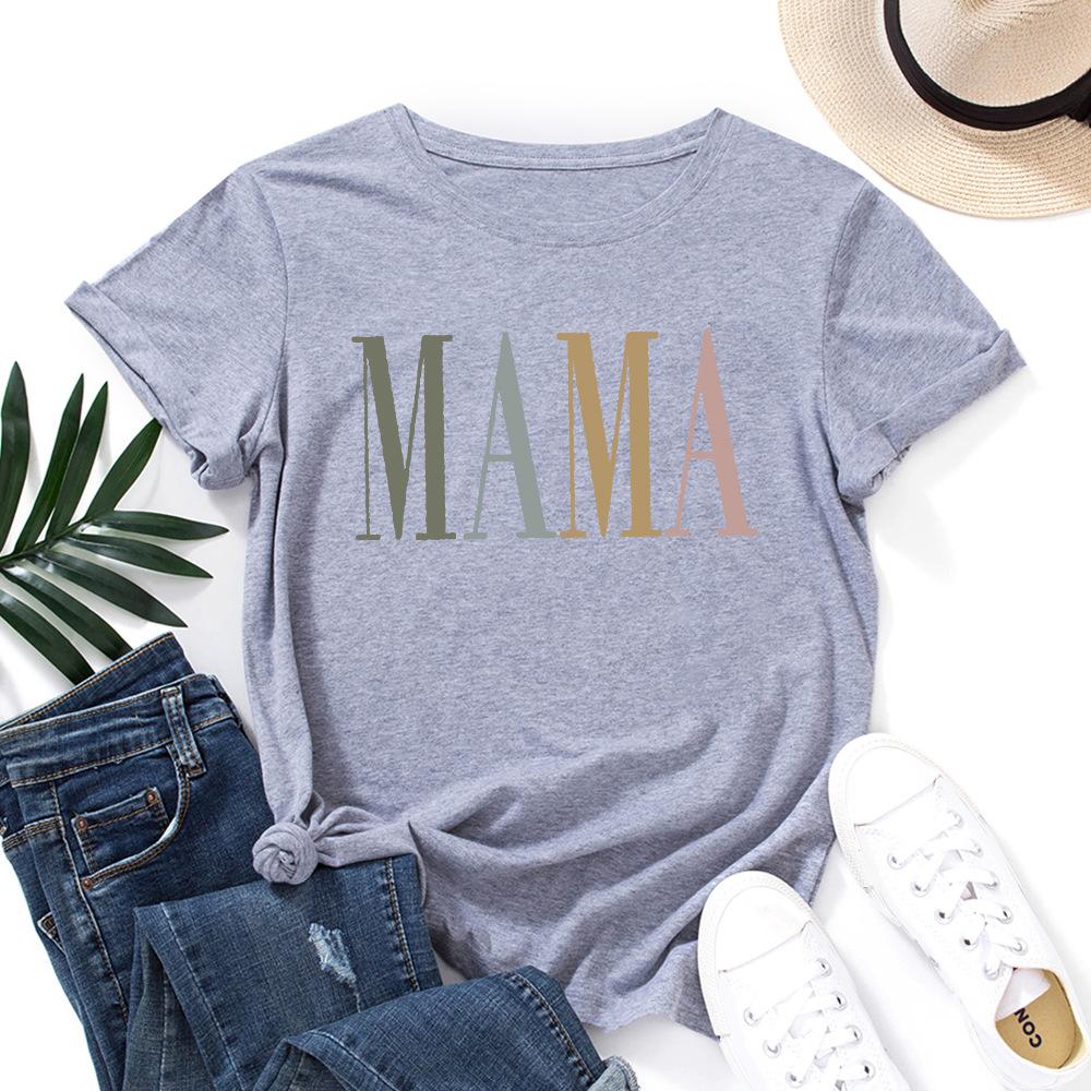 MAMA Cotton T-Shirt Short Sleeve Round Neck Women 2d Print Tops