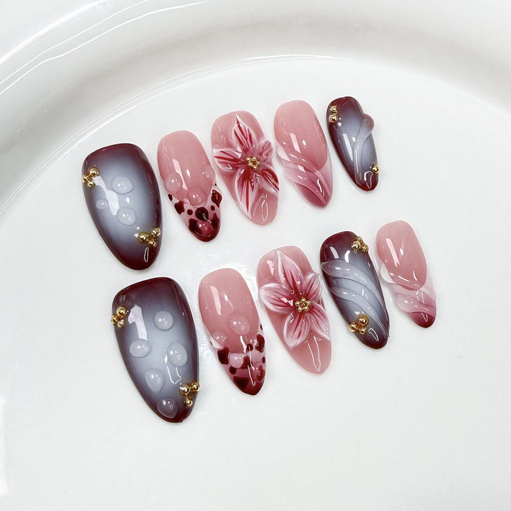 10 Pcs Red French Tip Short Almond Handmade Press On Nails Reusable Stick On False Nails