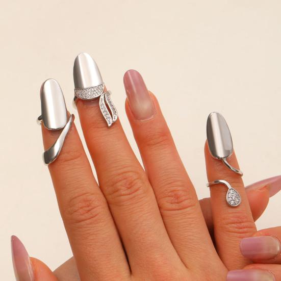 Nail Ring Lightweight Adjustable Size Mirror Metal Surface Non-Falling Off Nail Art Jewelry with Cubic Zirconia Fingertip Jewelry