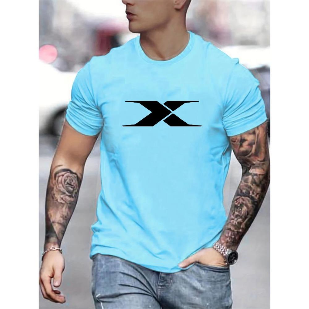 Summer men's 100% cotton casual loose fit large X letter print round neck short sleeved T-shirt top High Street Unisex style