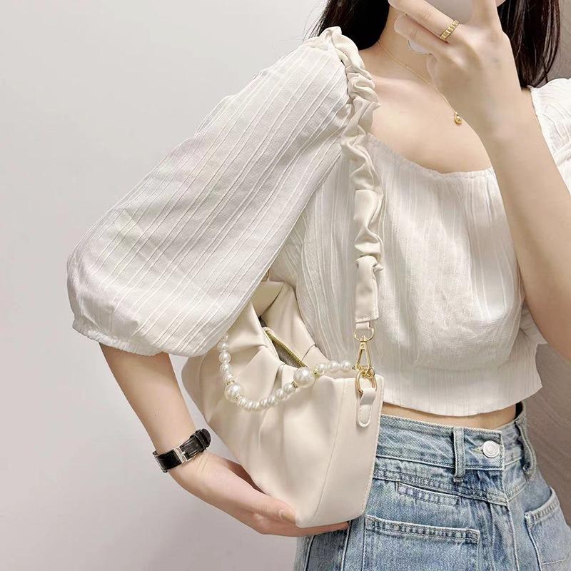 French versatile white pleated cloud bag for women, new pearl chain underarm bag, shoulder messenger bag for women