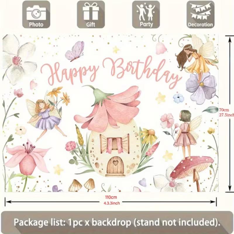 2D Girls Fairy Birthday Tapestry, Watercolor Floral Fairies & Flower House Backdrop, Magical Birthday Decor