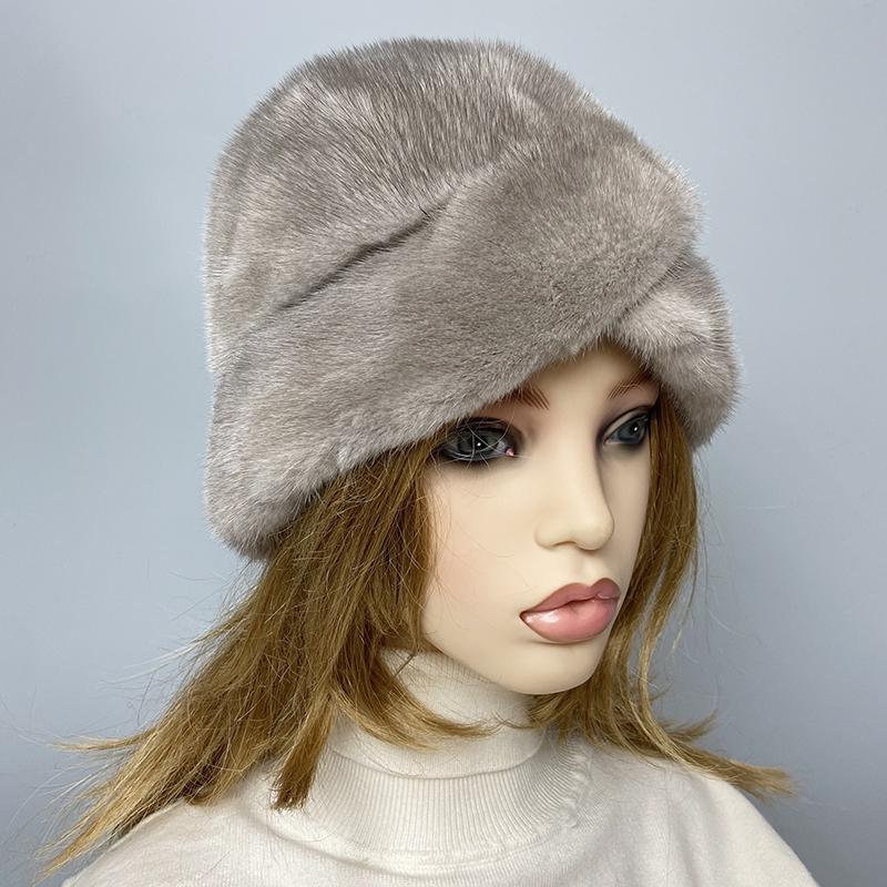 Luxury Women's Mink Fur Bucket Hat Winter Warm Diamond Fedora Real Fur Fashion Headwear