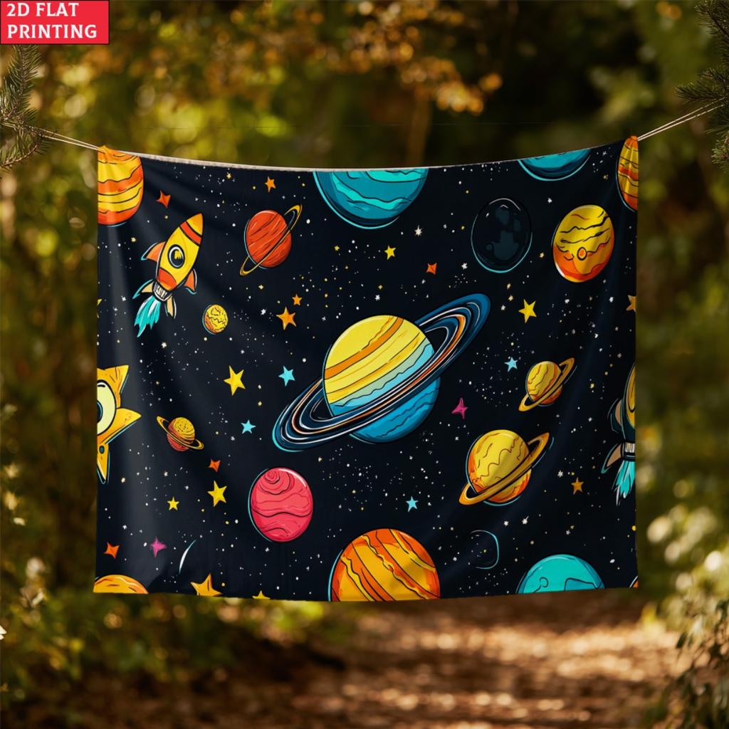 2D Flat, 1Pc Cartoon Solar System Planets Rocket Stars Wall Tapestry Kids Room Outer Space Theme Decor Art Print For Children