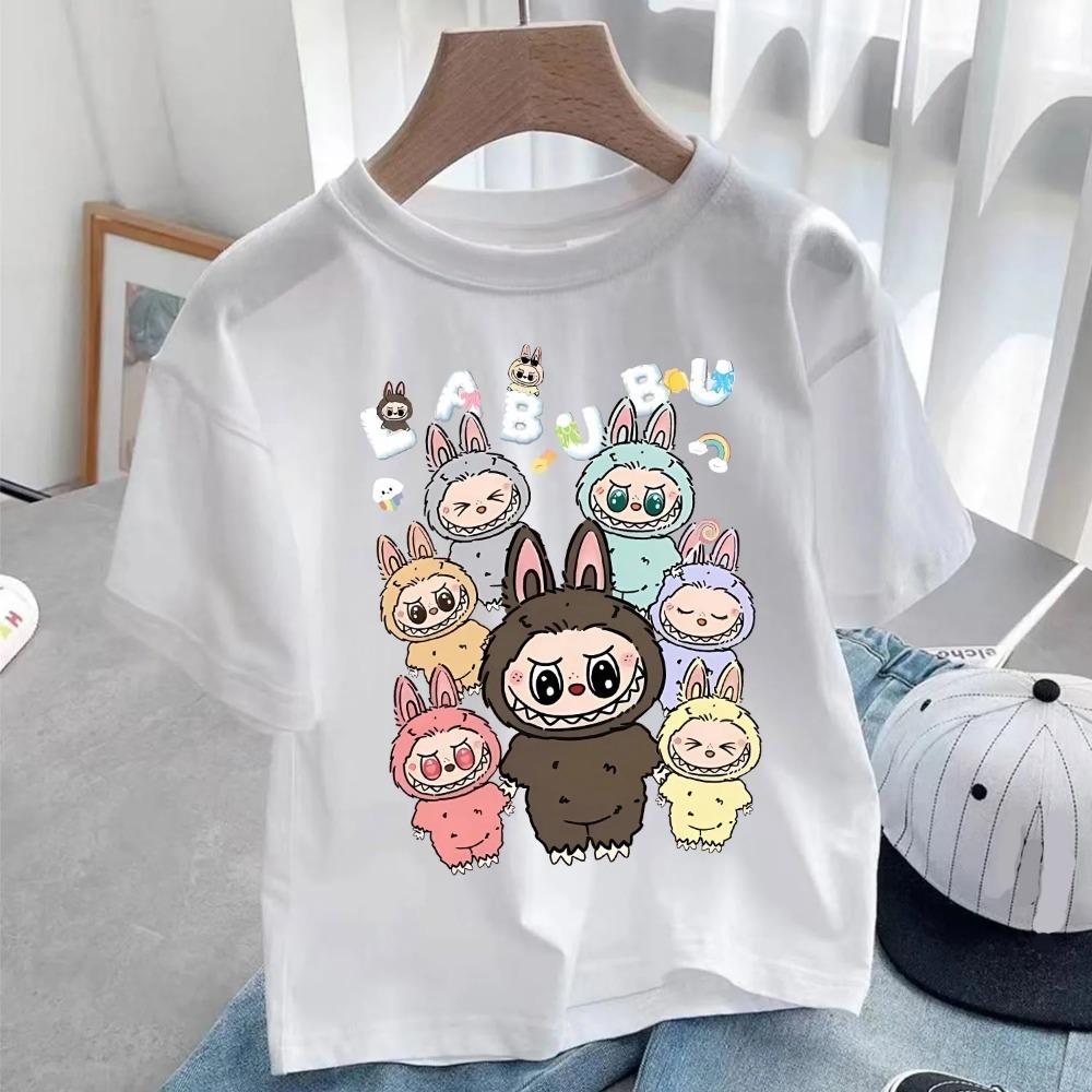 Maglietta Bianca Labubu per Bambini Carina Maglietta Cartone Animato Top Anime Girocollo Manica Corta Vestiti Moda Abbigliamento Estivo per Bambini Regalo