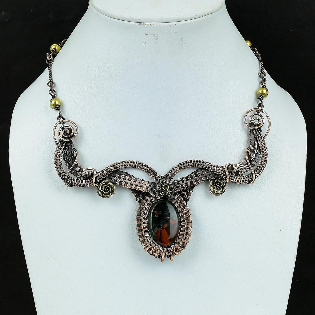 Bloodstone Necklace, 999 Copper Wire Wrapped Jewelry, Gemstone Jewelry Adjustable Chain Necklace, Handmade Wedding Gift Jewelry